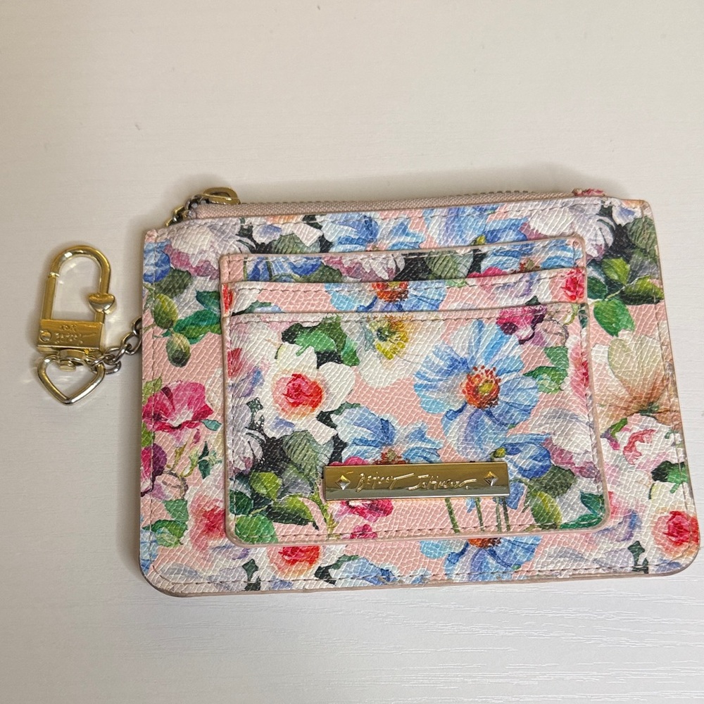 Betsey Johnson Floral zipper Card case with keychain and Gold Accents